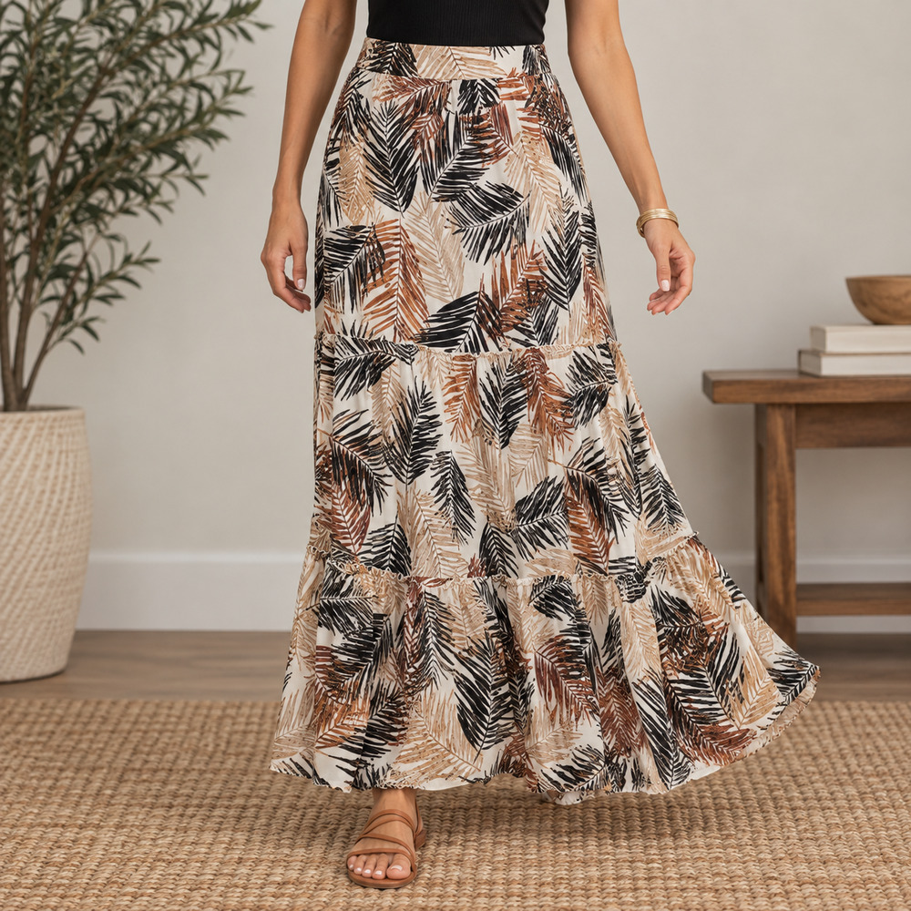 Robert Louis Tropical Print Maxi Skirt Size L Brown Tiered 100% Rayon Vacation